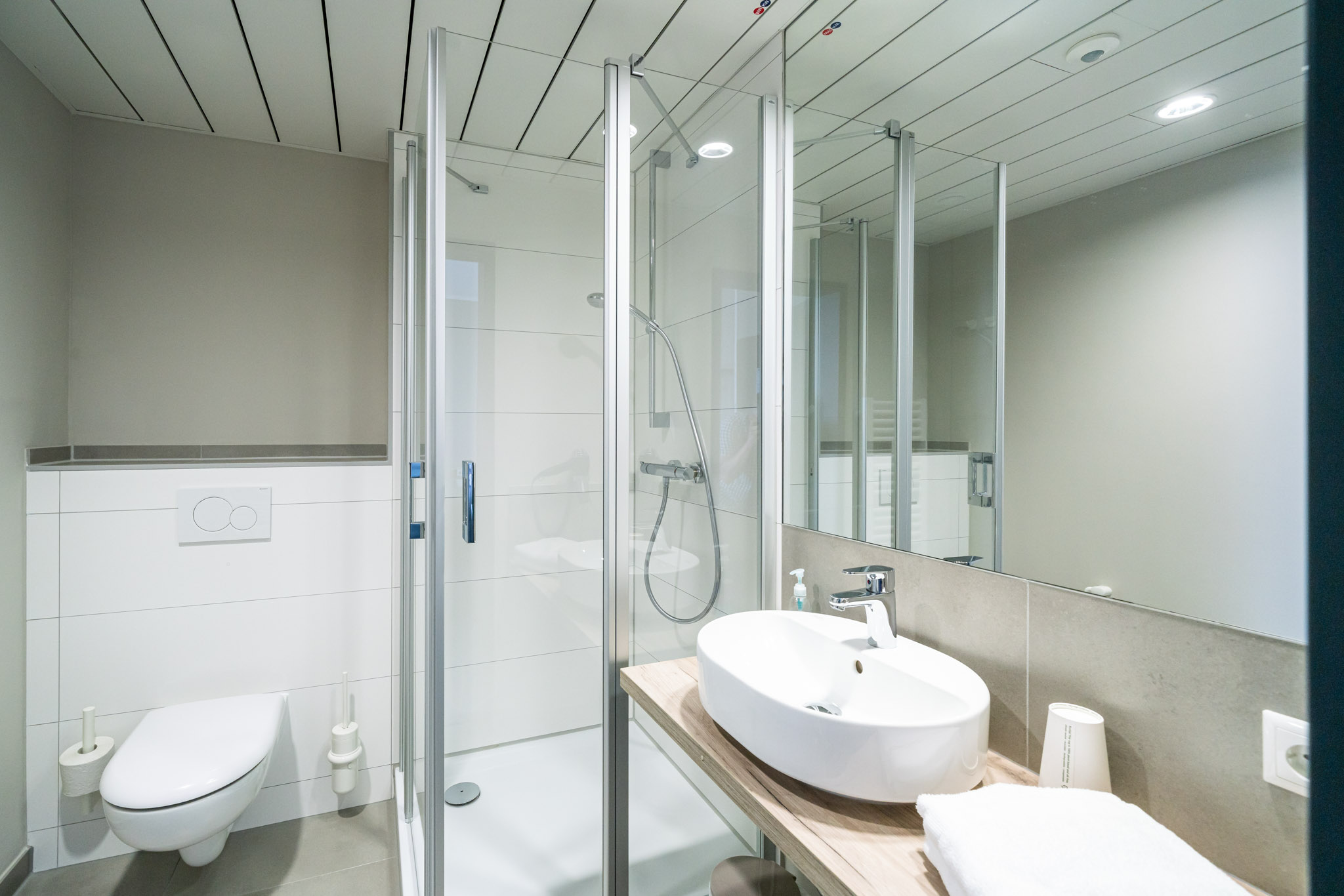 Badezimmer eines Doppelzimmers mit Dusche, Waschbecken und WC